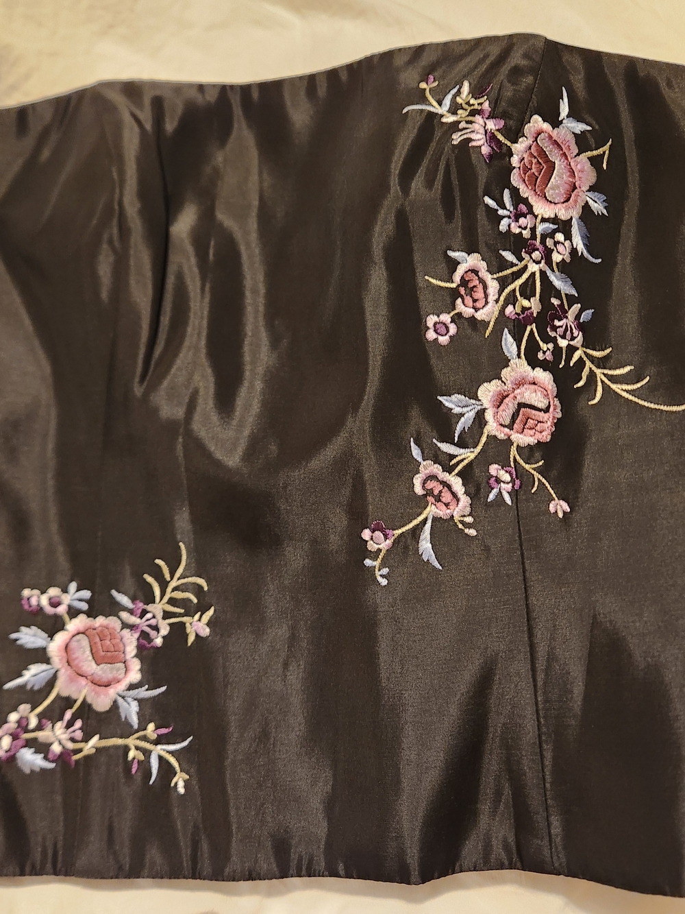 David's Bridal Strapless Black Satin Top with Pink Floral Embroidery
